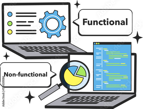Functional non functional requirements engineering software development analysis design testing system vector art illustration and png 