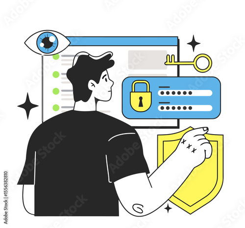 Man security data protection privacy cyber safety lock password key access shield login information eye vector art illustration and png 
