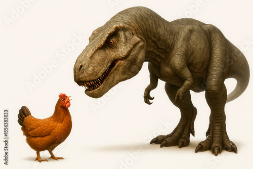 Fototapeta Naklejka Na Ścianę i Meble -  Chicken and dinosaur meeting on a clean background.