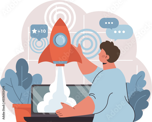 Startup launch business rocket growth success project innovation technology development marketing plan strategy vector art illustration and png 