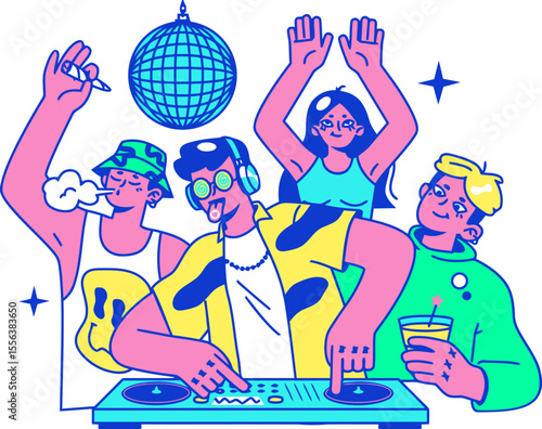Party dj music disco celebration fun dancing people nightlife entertainment vibrant illustration design vector art illustration and png 