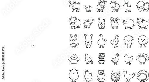 .Black-and-White Vector Illustration of 30 Stylized Farm and Woodland Animals – Cute Grid of Domestic and Wild Creatures