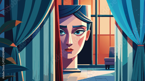 illustration of a girl in a red curtain