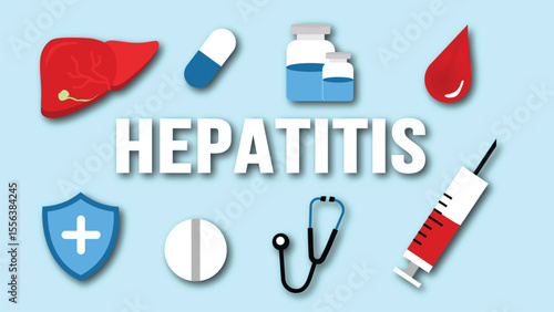 Hepatitis text word typography Banner with collection paper art craft style elements liver, Tablet, Virus, Vaccine, syringe surrounded it, vector illustration free space place for text with blue backg
