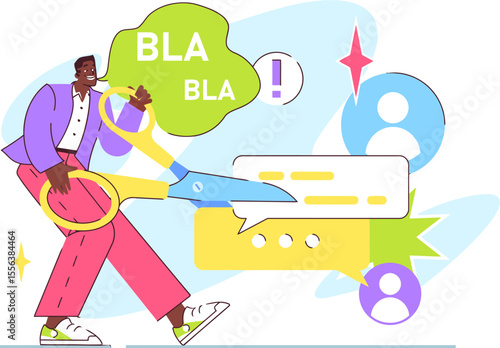 Man cutting bla bla with scissors communication message chat conversation online social media network vector vector art illustration and png 
