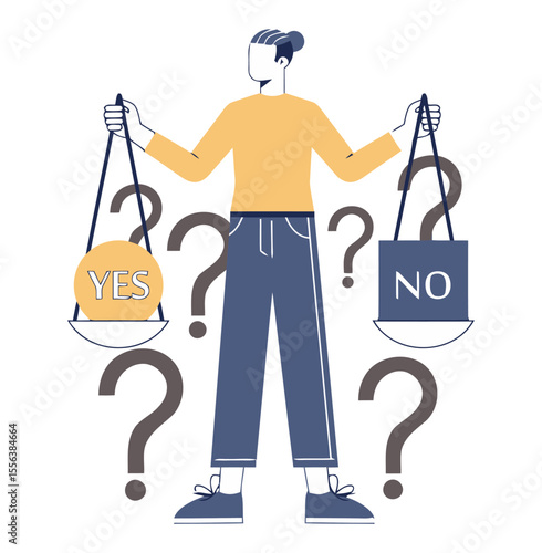 Decision making yes no choice balance dilemma uncertainty option problem solving consideration weighing options 100 vector art illustration and png 