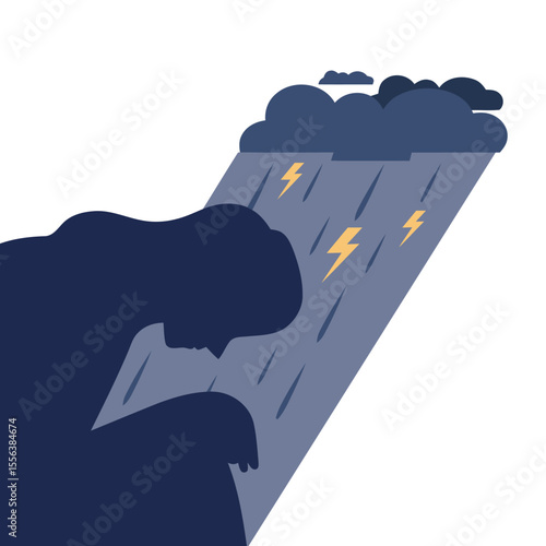 Sadness depression mental health rain storm thunder lightning dark cloud silhouette person illustration vector art illustration and png 