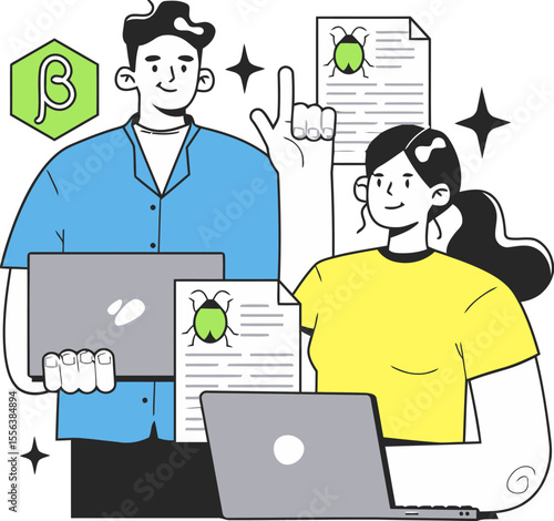 Software beta testing development team coding bug fixing laptop computer programming code review collaboration vector art illustration and png 