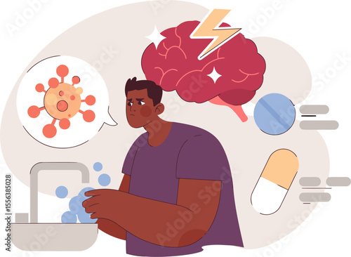 Man virus wash hands brain health medicine tablet illness disease prevention hygiene sickness care 100 char vector art illustration and png 