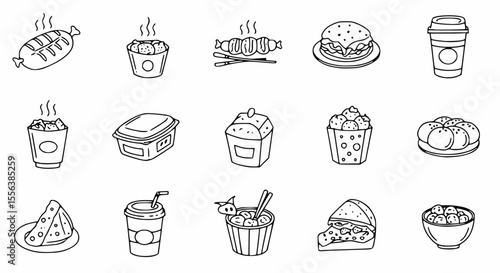 A grid of black and white line art icons depicting various fast food and street food items.