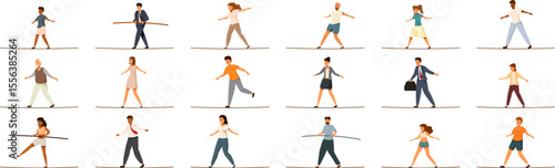 Walk rope balance icons set. Diverse individuals carefully balancing on tightropes, demonstrating concentration, stability, and resilience in overcoming obstacles