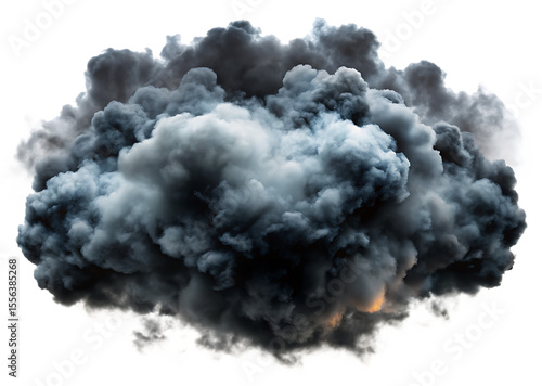 Dark billowing smoke cloud with dramatic studio lighting and subtle orange glow isolated on a transparent background