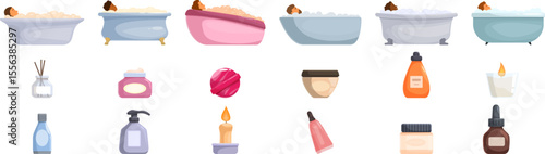Relaxing bubble bath icons set. Woman taking a relaxing bath with foam and various spa products, enjoying a moment of wellness