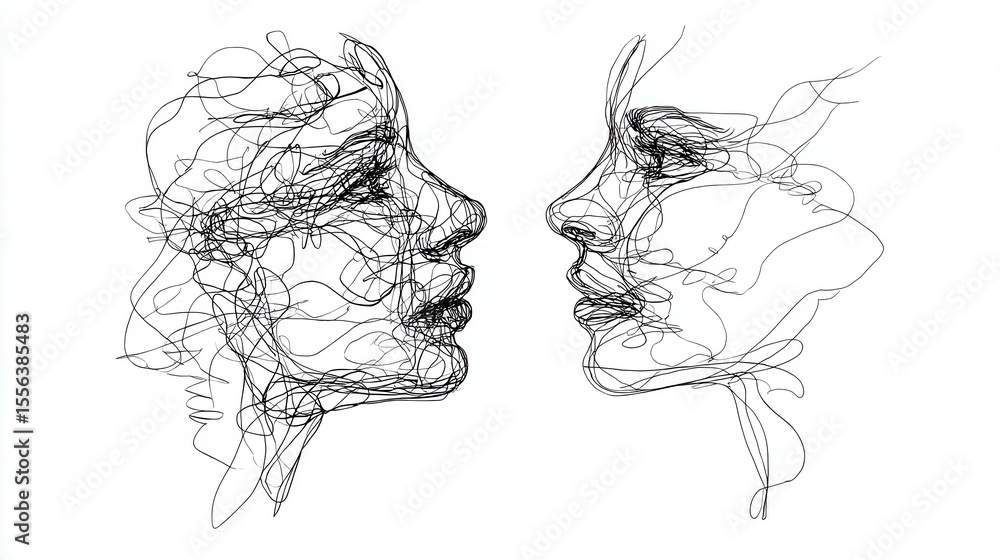 Fototapeta premium Lineart faces in profile: emotional connection and complexity