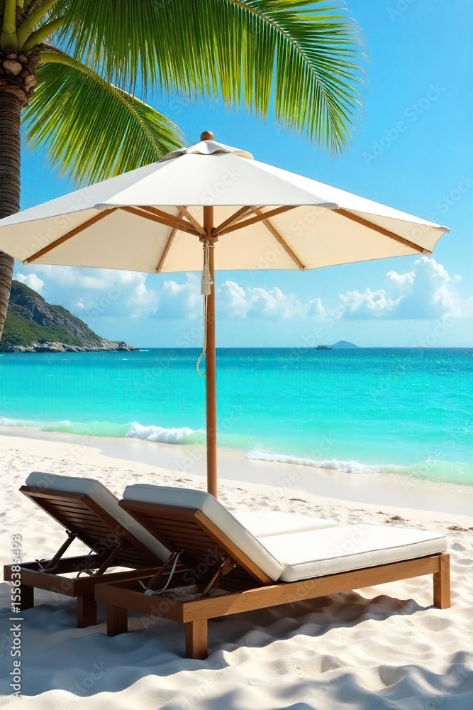 Obraz premium Relaxing beach scene with comfortable beds positioned under a large beach umbrella offering shade and comfort for a perfect seaside escape , waves, travel, sun