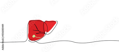 red Inflammation of liver hepatitis infected liver symbol sign, One continuous line drawing for Poster, banner, background with lettering, Doodle outline, monoline lineArt, Hand Drawn Abstract Single 