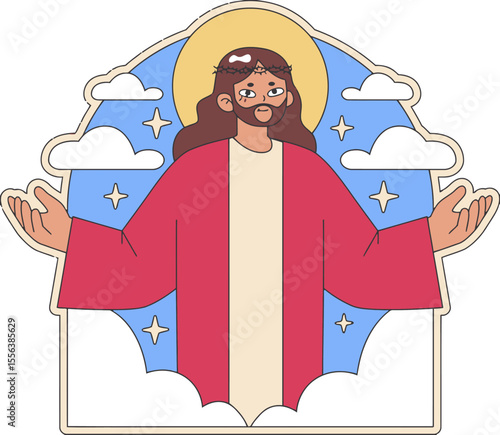 Jesus christ god christianity religion bible faith lord savior gospel church cross heaven cloud star vector art illustration and png 