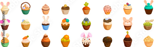 Easter cupcake icons set. Colorful easter cupcakes decorated with bunny ears, carrots, flowers, and pastel frosting bring a festive touch to the holiday celebrations