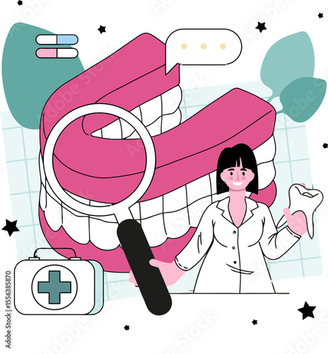Dentist dental teeth care health doctor medical clinic hygiene oral checkup examination treatment denture vector art illustration and png 