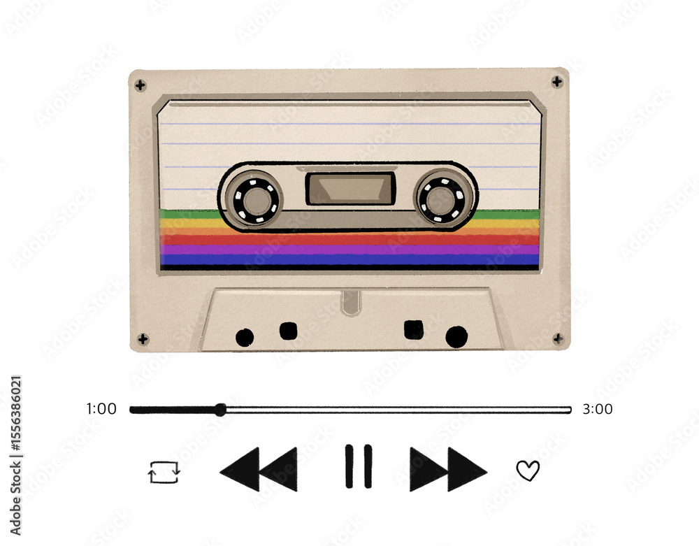 Fototapeta premium audio cassette tape vintage sound of music sketch, hand on a transparent background.