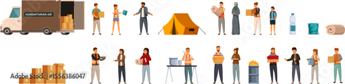 Refugee assistance icons set. Volunteers distributing food, water, blankets, and other essential supplies to refugees and homeless people affected by crisis