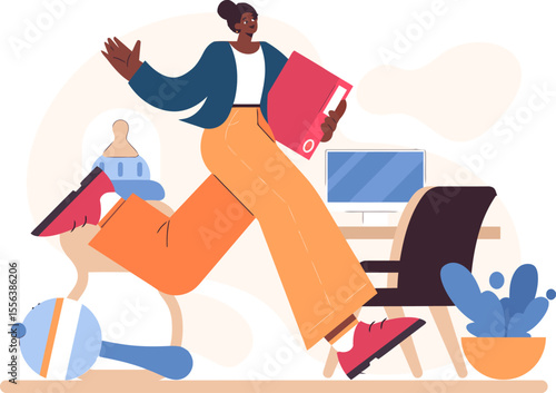 Illustration woman working mom office baby multitasking running folder deadline stress busy lifestyle cartoon vector art illustration and png 