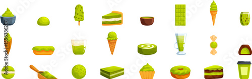 Matcha flavored dessert icons set. Matcha confectionery products including mochi, ice cream, cakes, and drinks are representing the popular japanese green tea flavor