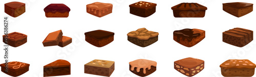 Brownie icons set. Set of square and sliced brownies with various toppings, creating a tempting display for chocolate lovers