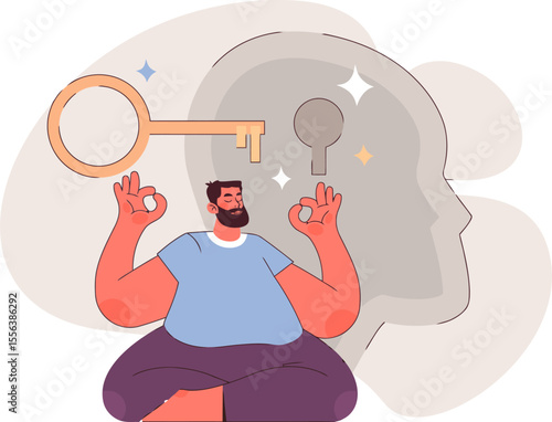 Man meditation mindfulness key mind mental health wellbeing focus concentration relaxation stress relief idea solution vector art illustration and png 