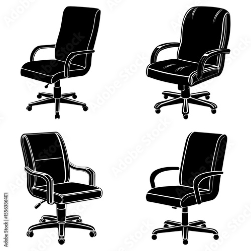 Four office chairs with armrests and rolling bases in black and white illustration design style