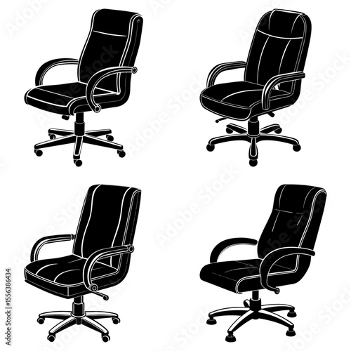 Four black and white office chairs with armrests and rolling bases arranged in a square pattern