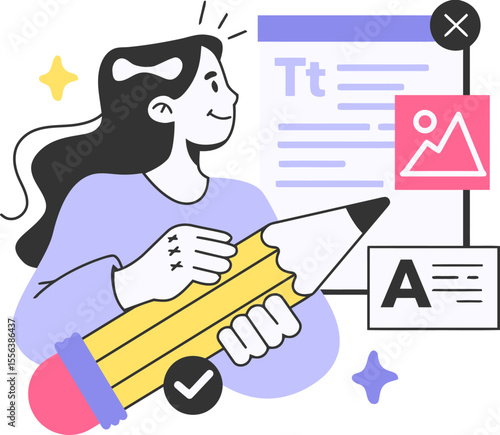 Woman writing content creation design pencil illustration creative blog article marketing strategy tool vector art illustration and png 