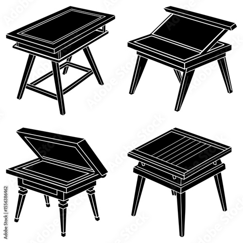 Four drafting tables shown in black and white with different angles and positions on a white background