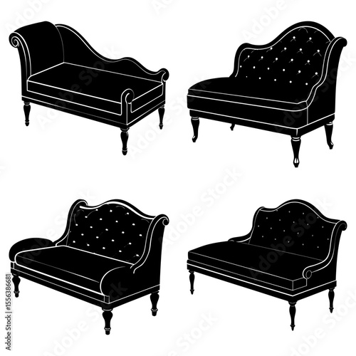 Illustration of four black chaise lounges with different designs and ornate details on a white background