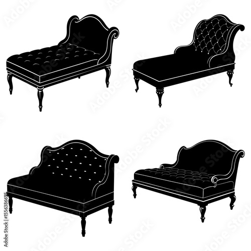 Collection of four elegant chaise lounges in black silhouette with ornate details and classic design elements