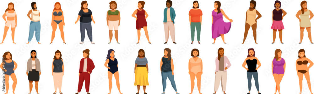 Obraz premium Plus size models icons set. Diverse group of curvy women standing in various outfits, promoting self love and body acceptance