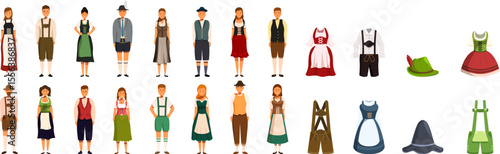 Germany traditional clothing icons set. Men and women wearing traditional bavarian costumes, including lederhosen, dirndl dresses, and hats, celebrating oktoberfest