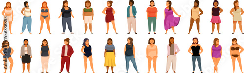 Plus size models icons set. Diverse group of curvy women standing in various outfits, promoting self love and body acceptance