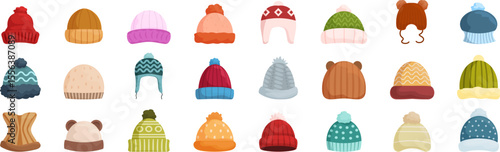 Baby knitted hat icons set. Warm winter hats collection providing comfort and style during cold weather