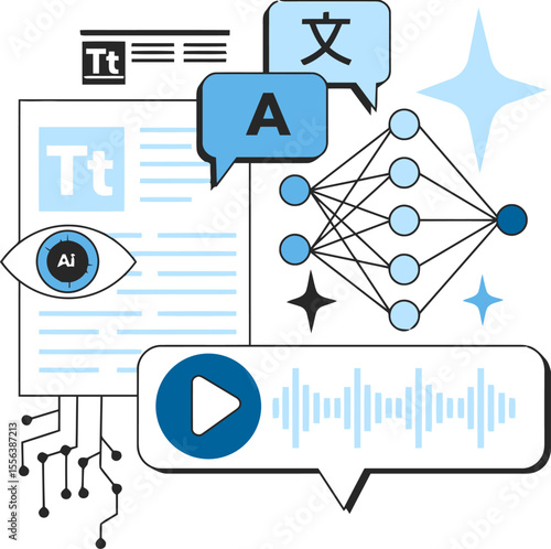 Ai translation language learning machine learning neural network artificial intelligence education text audio vector art illustration and png 