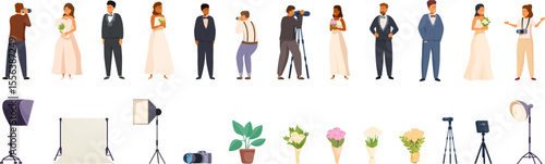 Wedding photo session icons set. Professional photographers working at a wedding ceremony, taking photos and videos of the bride and groom posing with flower bouquets
