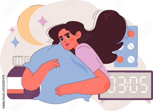 Woman insomnia sleep sleeplessness night bed pillow clock medicine pills health healthcare wellness problem vector art illustration and png 