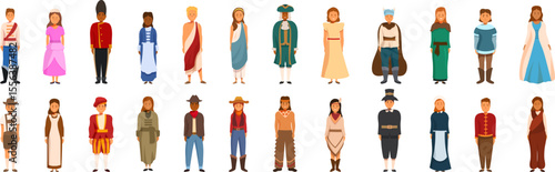Children dressed historical costumes icons set. Diverse group of individuals showcasing traditional attire from various cultures and historical periods