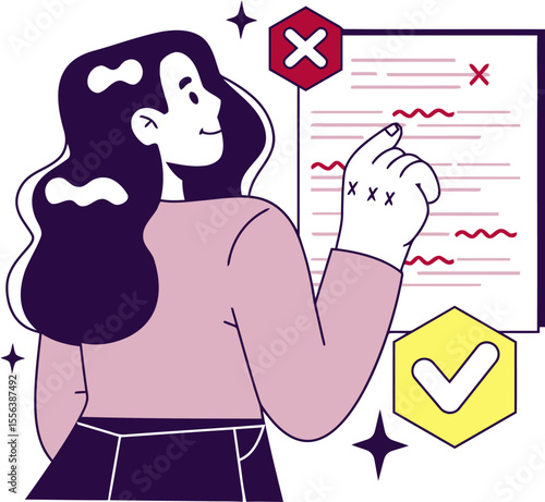 Woman document review error check approval process correct proofreading editing verification validation vector art illustration and png 