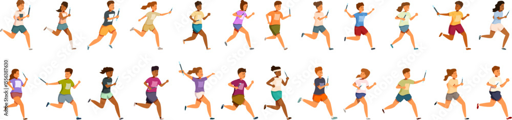 Fototapeta premium Kids relay races icons set. Athletes sprinting with relay batons, showcasing teamwork and speed in a track and field competition