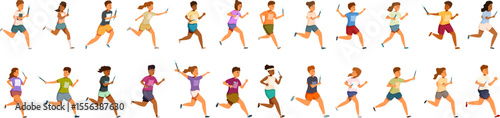 Kids relay races icons set. Athletes sprinting with relay batons, showcasing teamwork and speed in a track and field competition