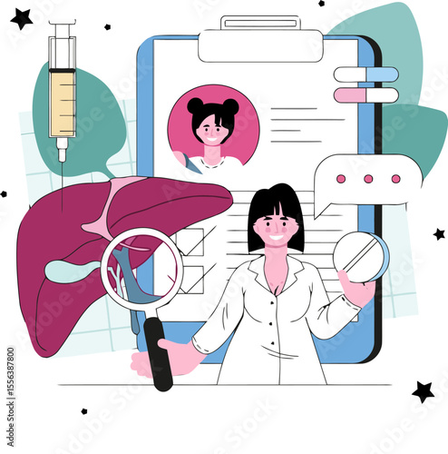 Liver disease diagnosis treatment hepatology doctor healthcare medical research hepatobiliary system checkup vector art illustration and png 