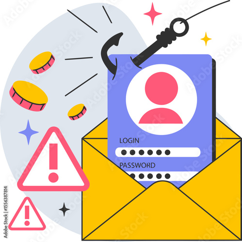 Phishing email scam alert login password security cybercrime online fraud threat protection hook attack danger vector art illustration and png 