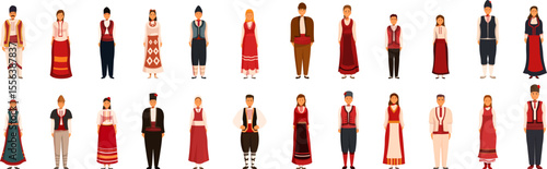 Bulgaria traditional clothing icons set. Diverse group showcasing traditional bulgarian attire, celebrating cultural heritage and national pride