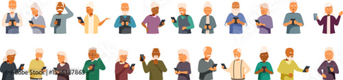 Seniors learning smartphones icons set. Diverse group of elderly people using smartphones, showcasing seniors engaging with mobile technology